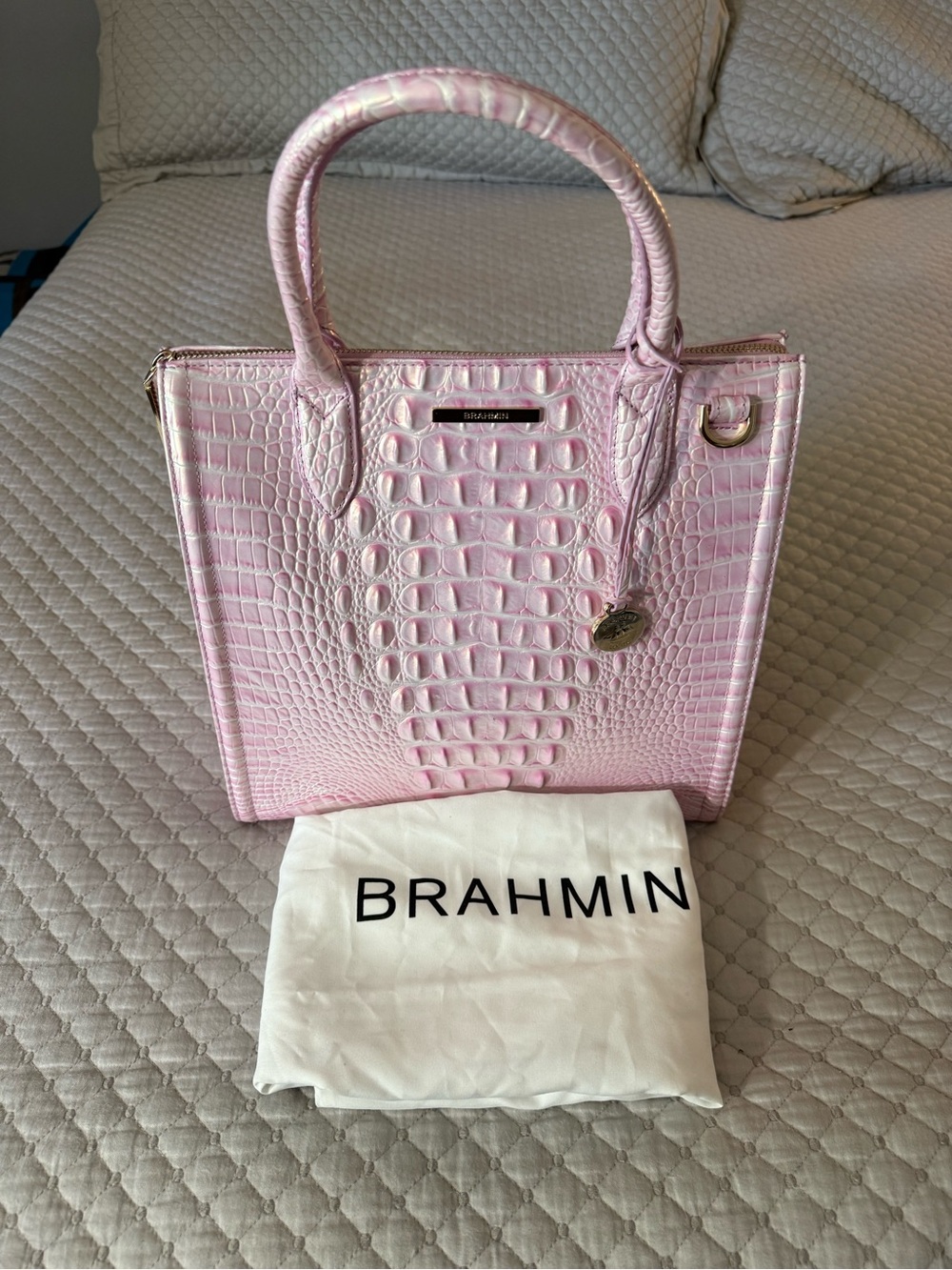 Brahmin Pink Croc-Embossed Structured Satchel